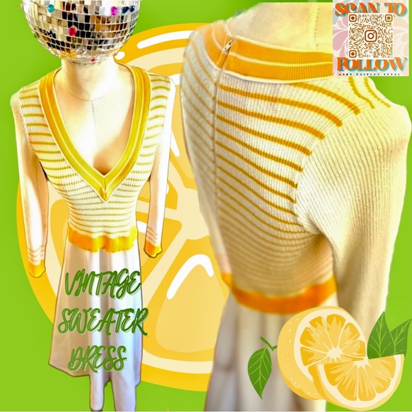 GIAMO KNITS V NECK YELLOW AND WHITE VINTAGE STRIPED SWEATER DRESS - Picture 1 of 9